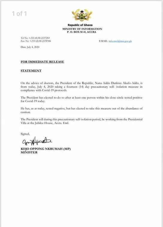 Ghana’s President goes into a 14-day self-isolation after a person in his close circle tested positive for COVID-19