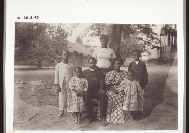 This photograph from 1914 shows Rev. Richter of Abokobi and his family during the colonial era of the Gold Coast.